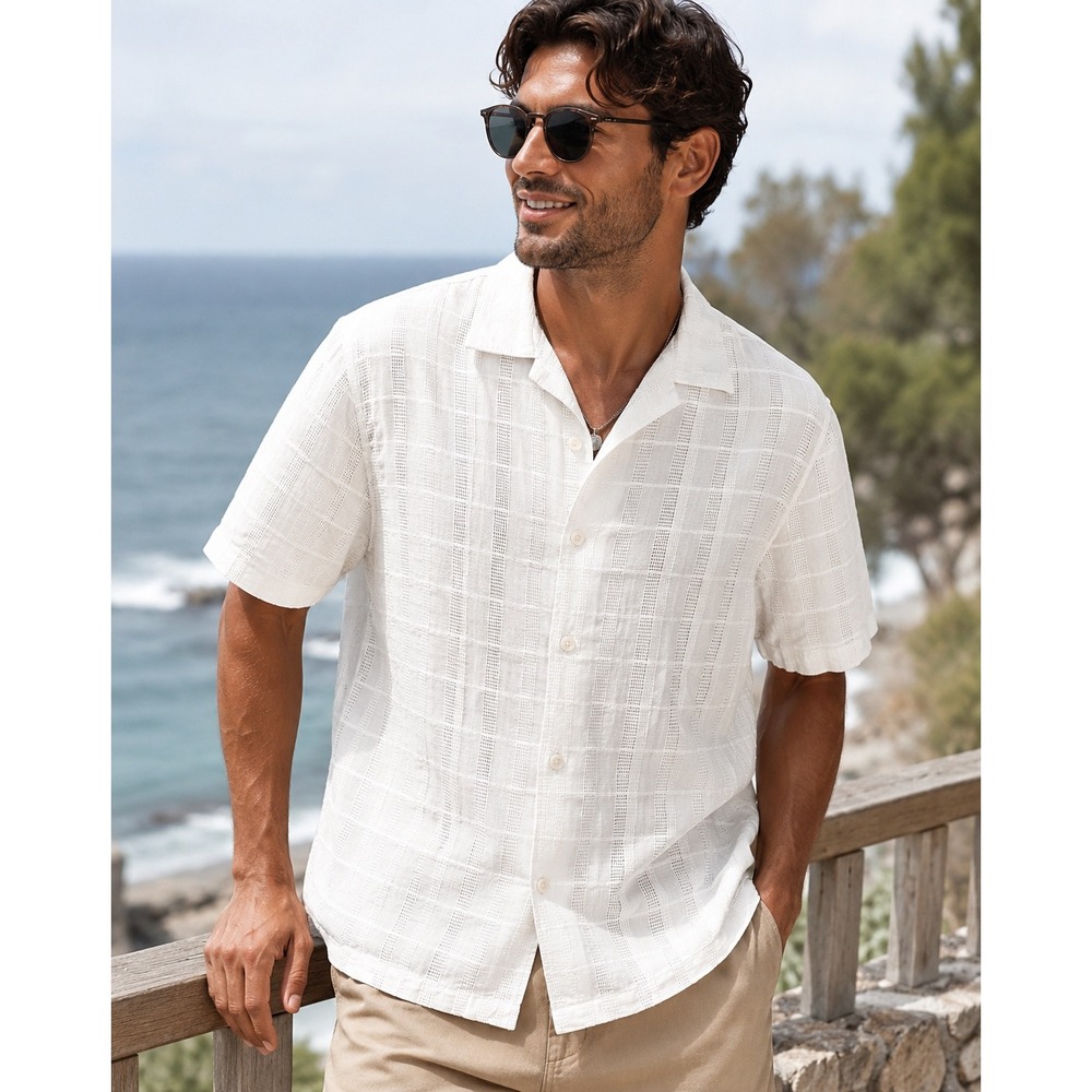 Denim & Flower Ricky Singh Mens Medium White Textured Dobby Camp Shirt Relax Fit